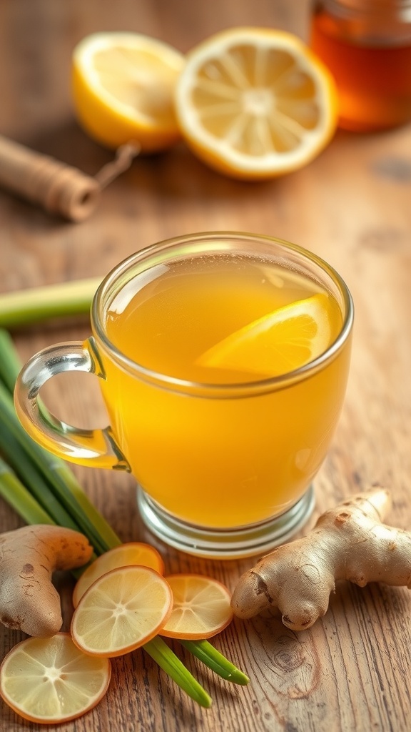 A clear glass cup of lemongrass and ginger tea with ginger slices and lemongrass stalks on a wooden table.